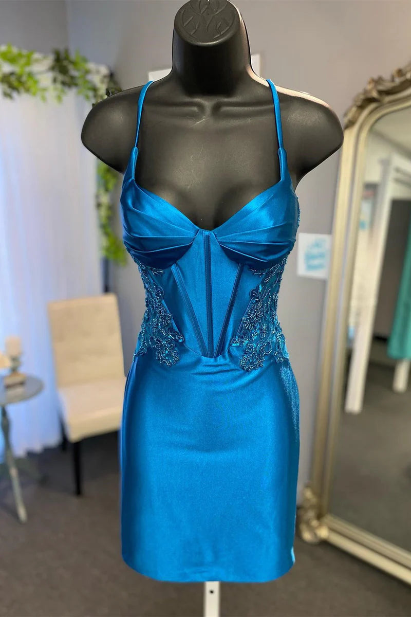 Back view of the knee-length satin homecoming dress.