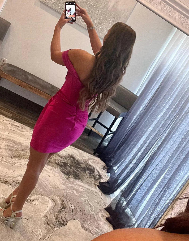 Back view of fuchsia sheath off-shoulder satin homecoming dress.