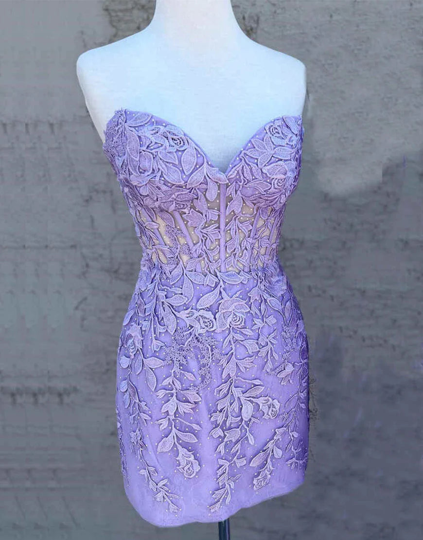Side view of a pink sweetheart lace short homecoming dress.