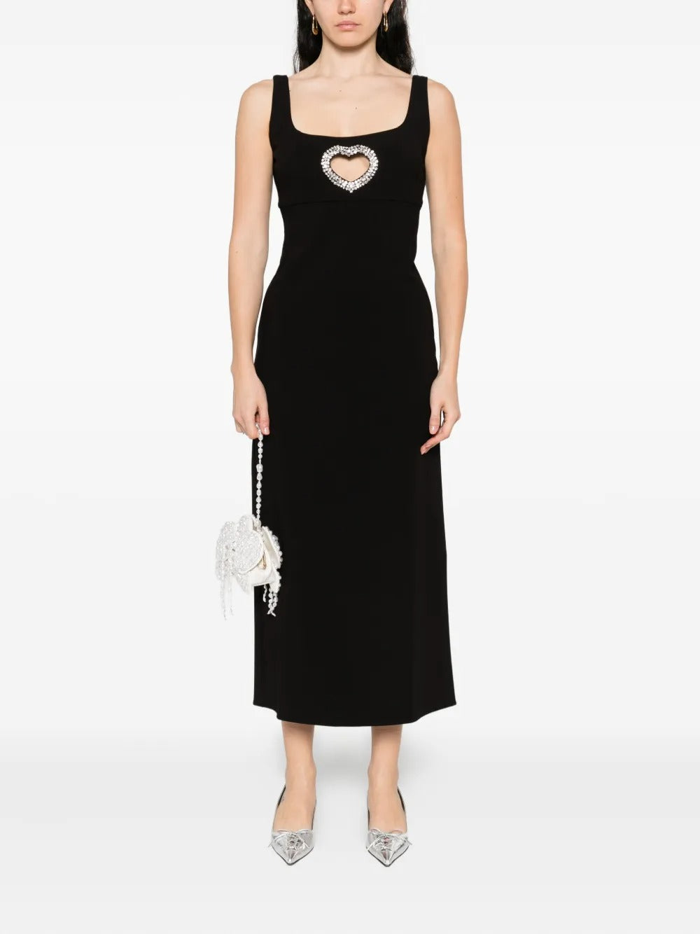 Chic Black Crystal Heart-Cutout Midi Dress