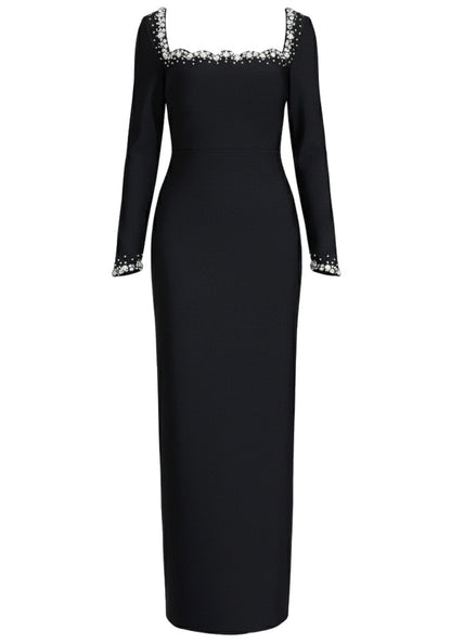 Chic Black Satin V-Neck Long Sleeve Beaded Prom Dresses for Formal Evening Events & Wedding Galas