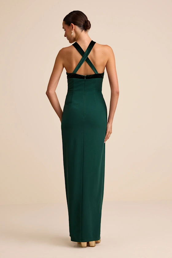 Chic Emerald Green Halter Maxi Dress with Bow Detail and High Side Slit: Prom Dress