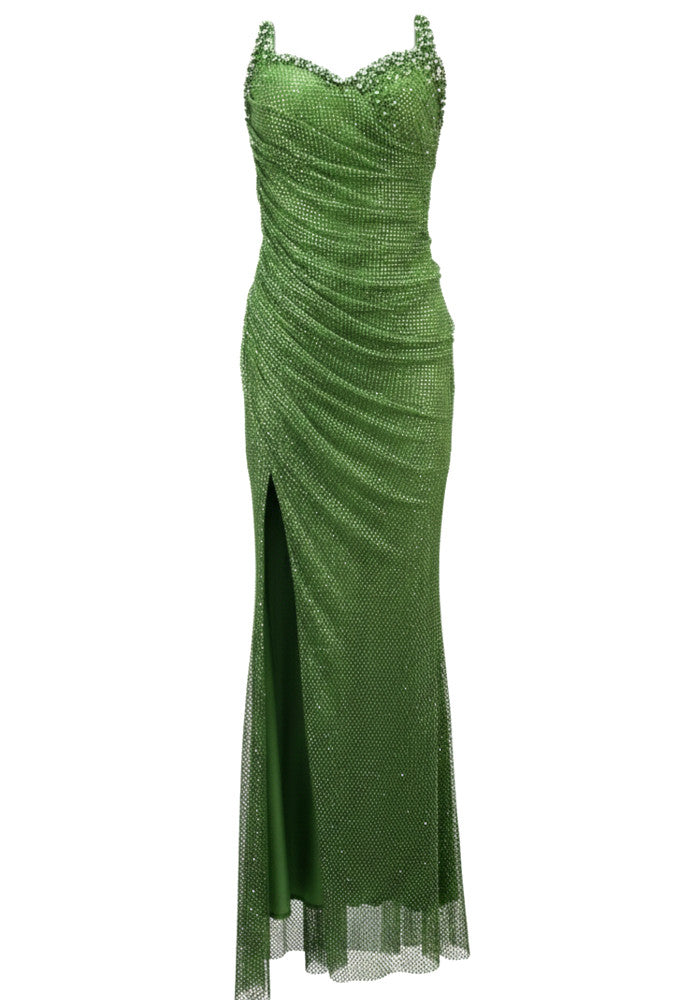 Chic Emerald Green Sequined V-Neck Mermaid High Slit Formal Evening Prom Dresses