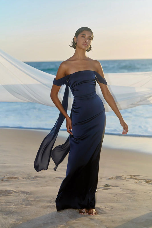 Chic Mermaid Off-the-Shoulder Sash Detail Satin Long Prom Dress in Navy for Formal Events