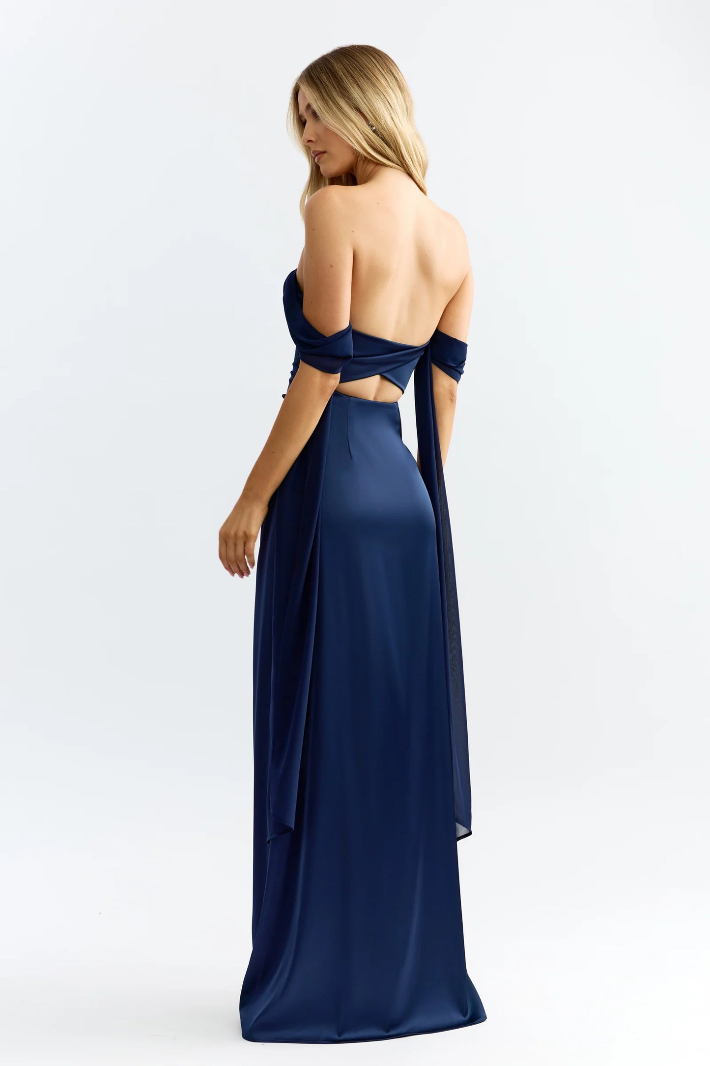 Chic Mermaid Off-the-Shoulder Sash Detail Satin Long Prom Dress in Navy for Formal Events