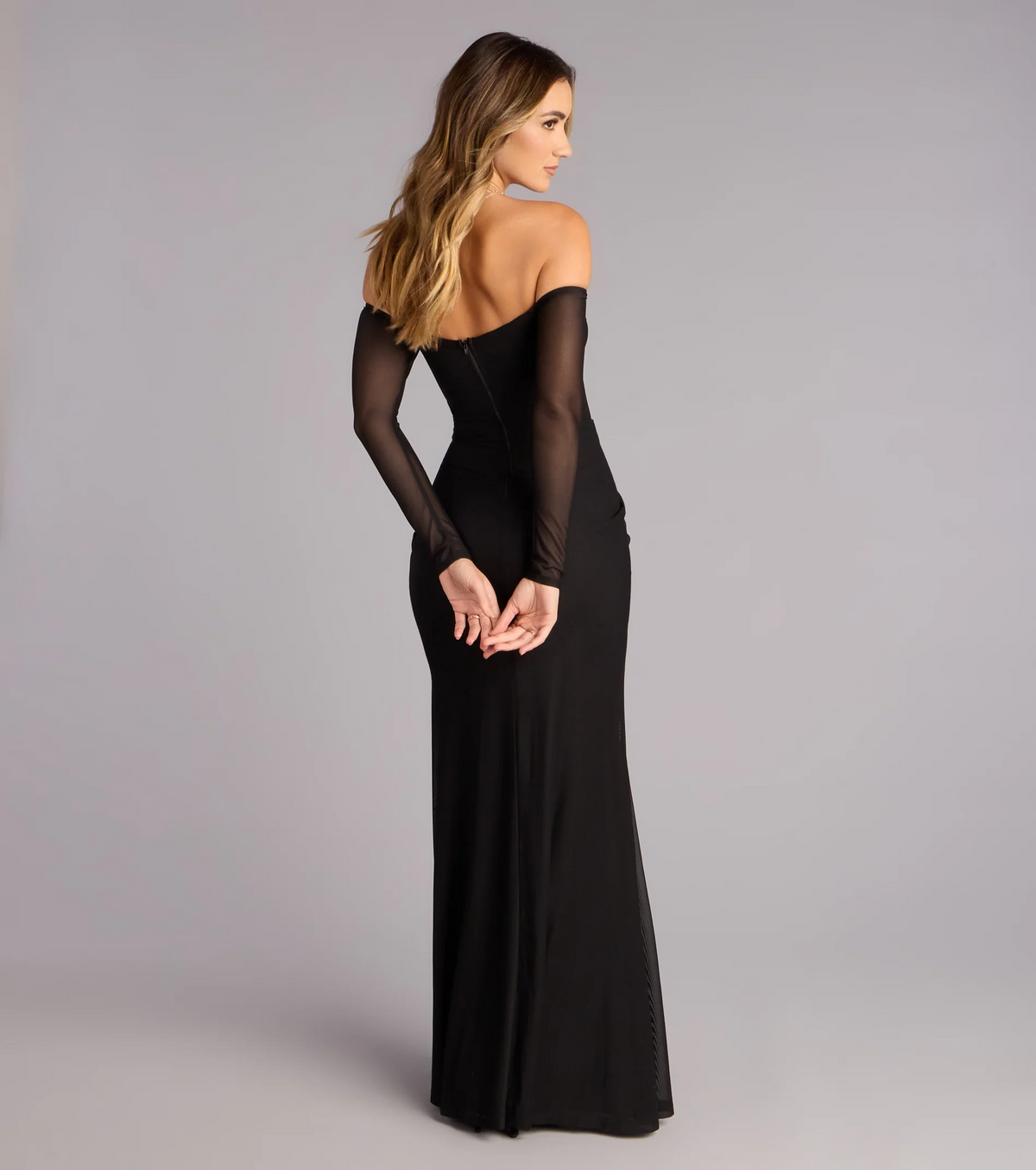 Chic Mermaid Off Shoulder Mesh Long Sleeve Ruched Slit Black Maxi Evening Dresses Women Formal