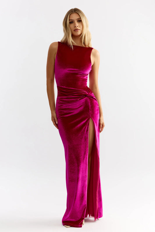 Chic Mermaid Sleeveless Knot Detail High Slit Velvet Long Prom Dress in Magenta for Formal Events