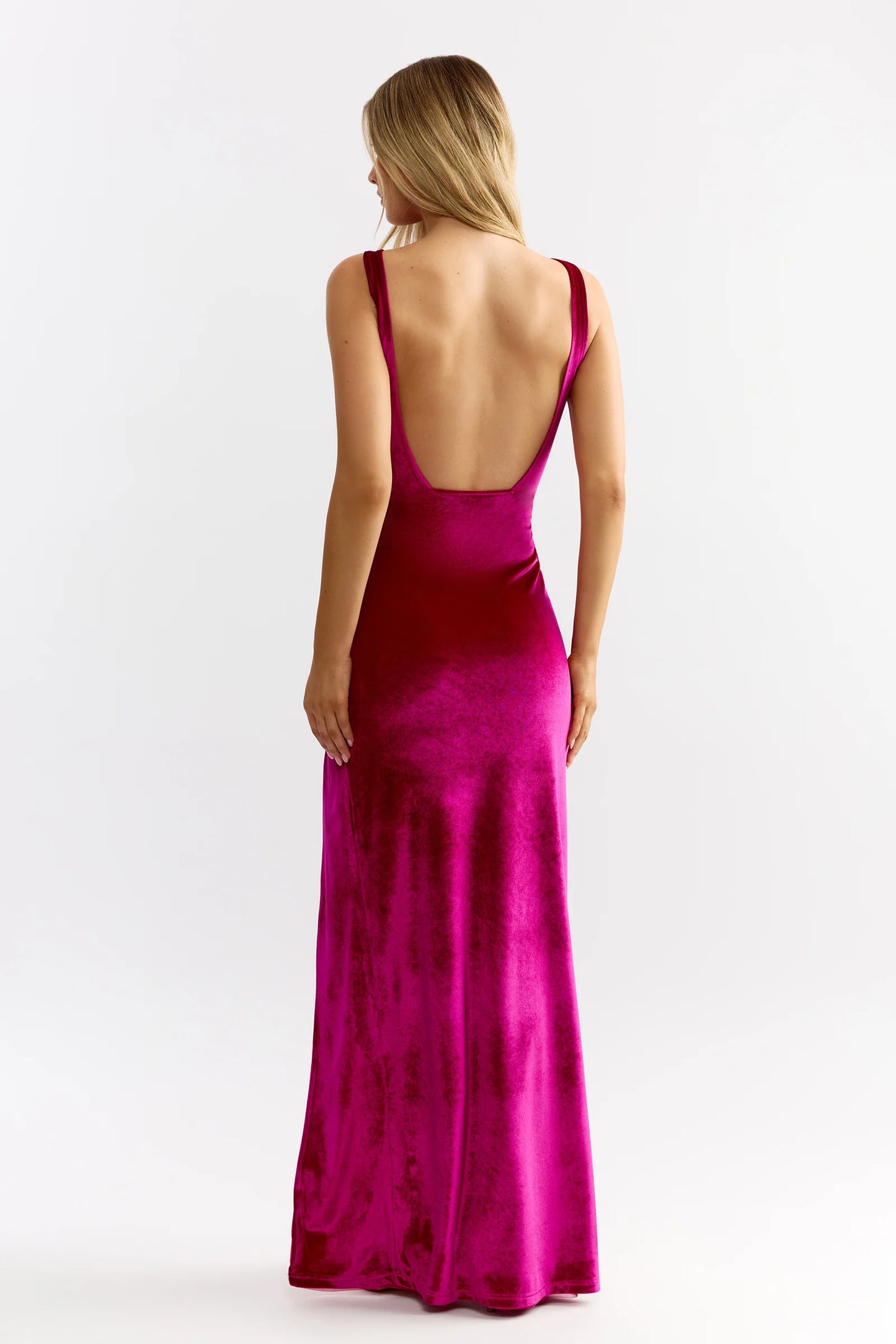 Chic Mermaid Sleeveless Knot Detail High Slit Velvet Long Prom Dress in Magenta for Formal Events