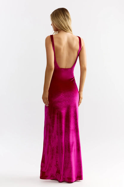 Chic Mermaid Sleeveless Knot Detail High Slit Velvet Long Prom Dress in Magenta for Formal Events