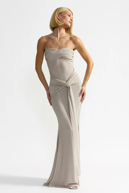 Chic Mermaid Strapless Ruched Tie Waist Shimmer Knit Long Prom Dress in Champagne for Formal Events