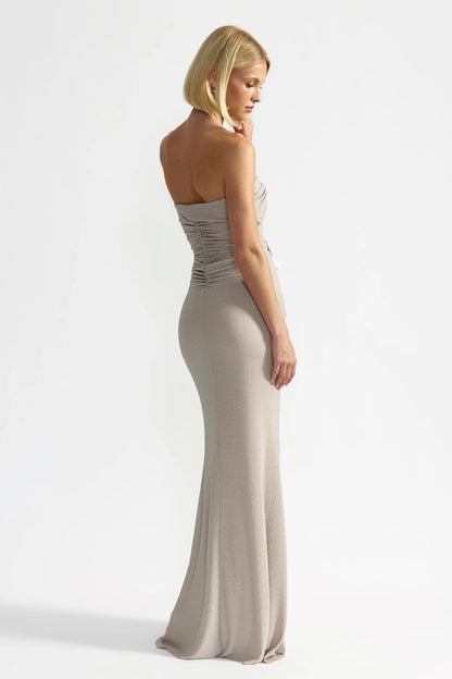 Chic Mermaid Strapless Ruched Tie Waist Shimmer Knit Long Prom Dress in Champagne for Formal Events