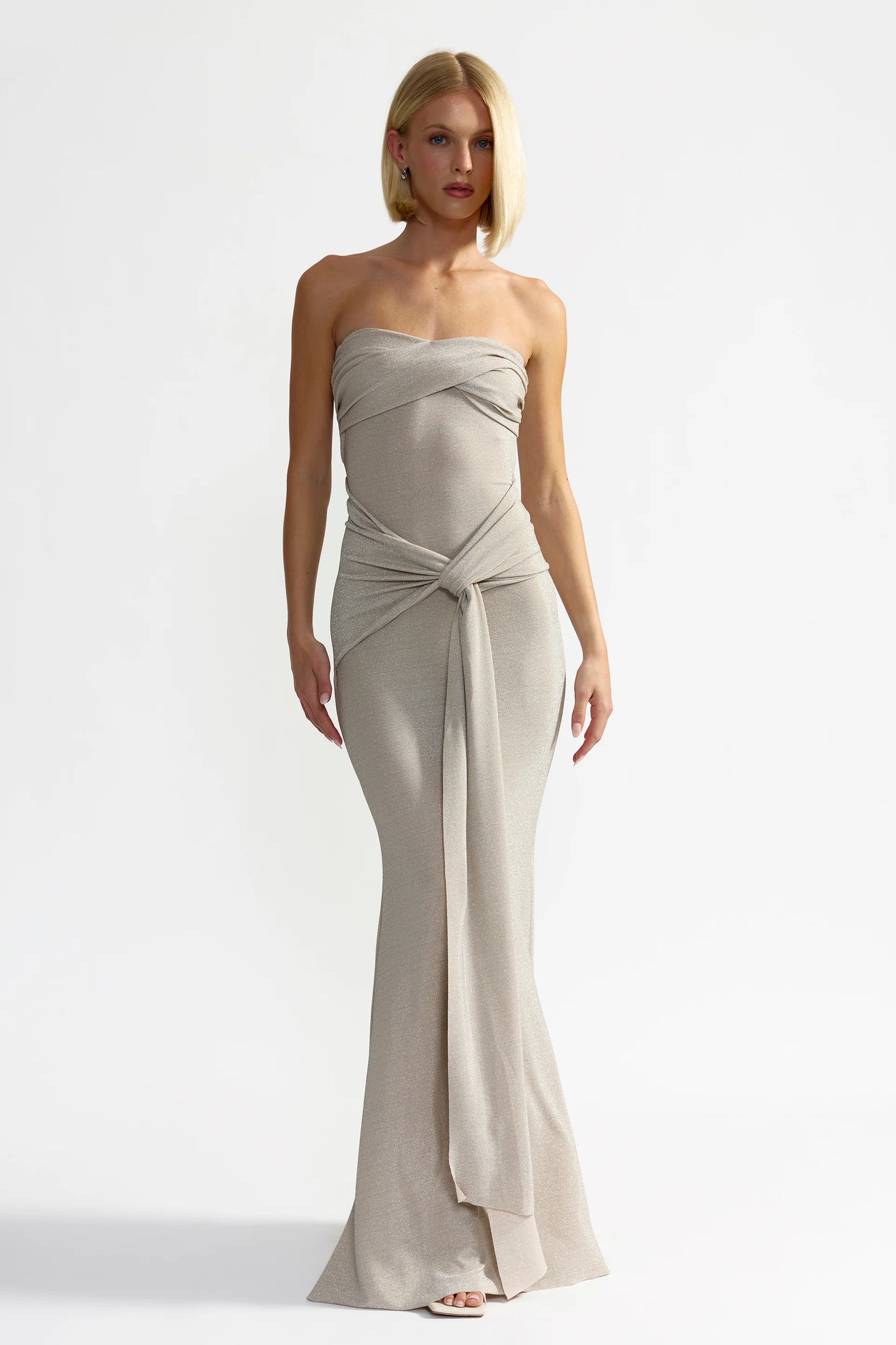 Chic Mermaid Strapless Ruched Tie Waist Shimmer Knit Long Prom Dress in Champagne for Formal Events