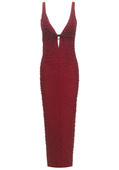 Chic Red Beaded V-Neck Mermaid Long Sleeve Open Back Formal Evening Prom Dresses