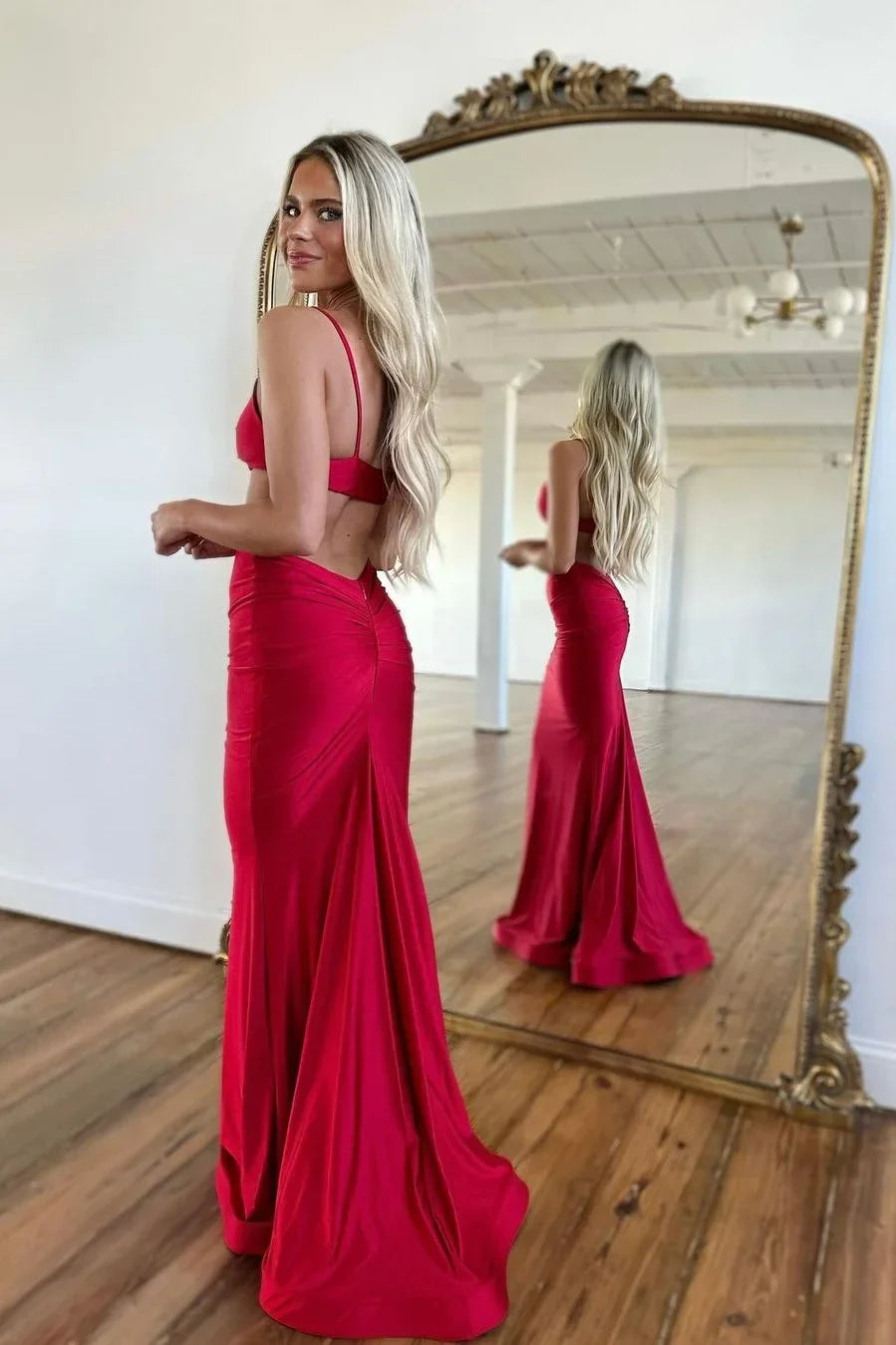 Chic Ruby Red Satin Cutout Mermaid Gown with Spaghetti Straps: Prom Dress