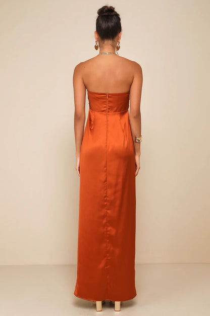 Chic Rust Orange Strapless Maxi Dress with Ruched Bodice and Satin Fabric, Prom Dress