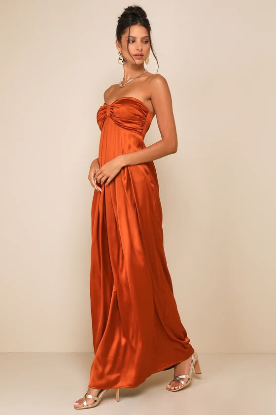 Chic Rust Orange Strapless Maxi Dress with Ruched Bodice and Satin Fabric, Prom Dress
