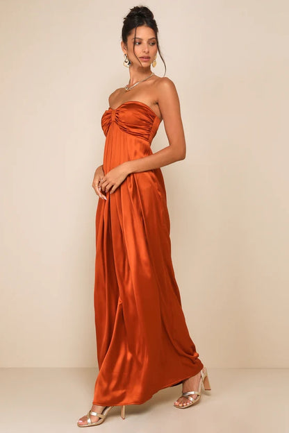 Chic Rust Orange Strapless Maxi Dress with Ruched Bodice and Satin Fabric, Prom Dress