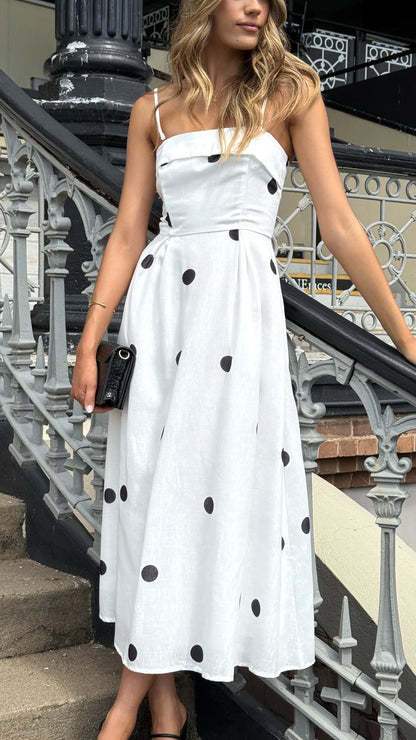 Chic Strapless Polka Dot Midi Prom Dress with Smocked Back and Flared Skirt