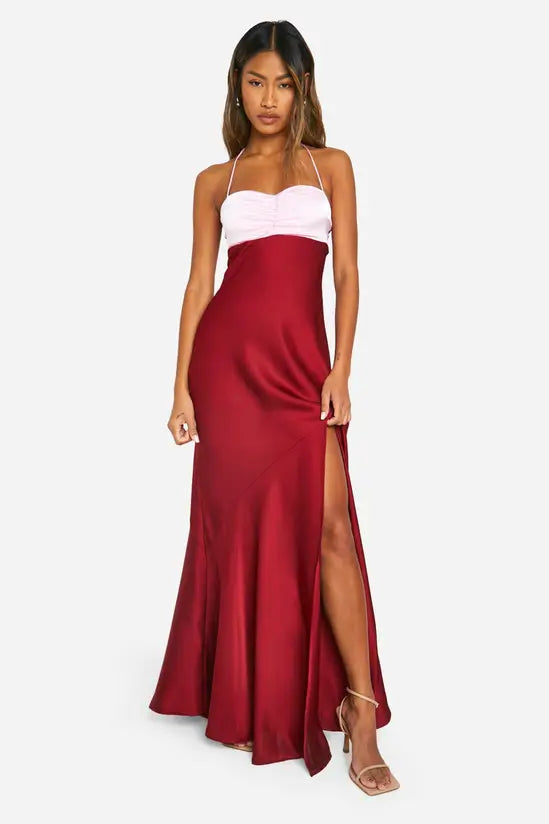 Chic Two-Tone White and Deep Burgundy Satin Sweetheart Neckline Maxi Dress with High Side Slit, Prom Dress