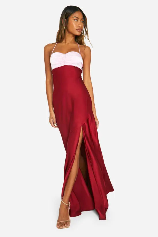 Chic Two-Tone White and Deep Burgundy Satin Sweetheart Neckline Maxi Dress with High Side Slit, Prom Dress