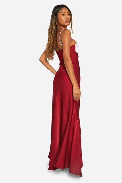Chic Two-Tone White and Deep Burgundy Satin Sweetheart Neckline Maxi Dress with High Side Slit, Prom Dress