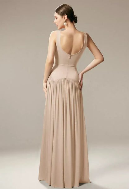 Chic A-Line Boat-Neck Sleeveless Pleated Backless Champagne Maxi Bridesmaid Dress Gown
