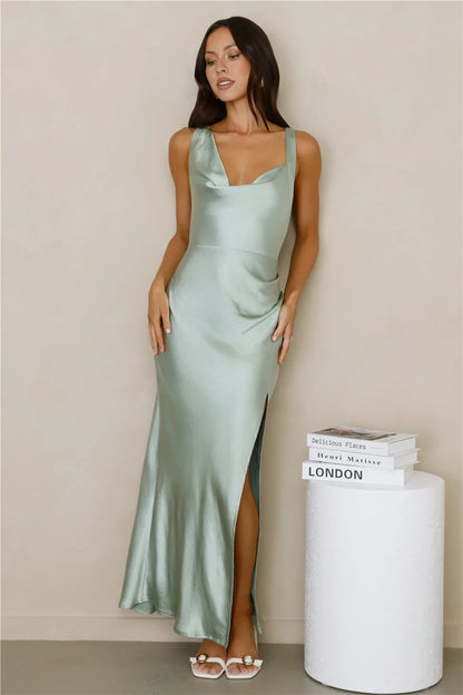 Chic A-Line Cowl Neck Sleeveless Draped Slit Mint Green Maxi Prom Dress