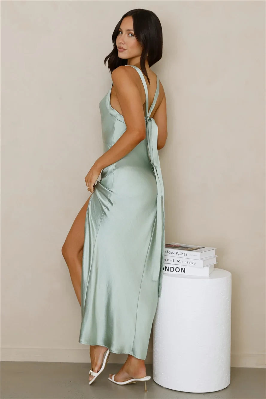 Chic A-Line Cowl Neck Sleeveless Draped Slit Mint Green Maxi Prom Dress