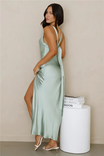 Chic A-Line Cowl Neck Sleeveless Draped Slit Mint Green Maxi Prom Dress