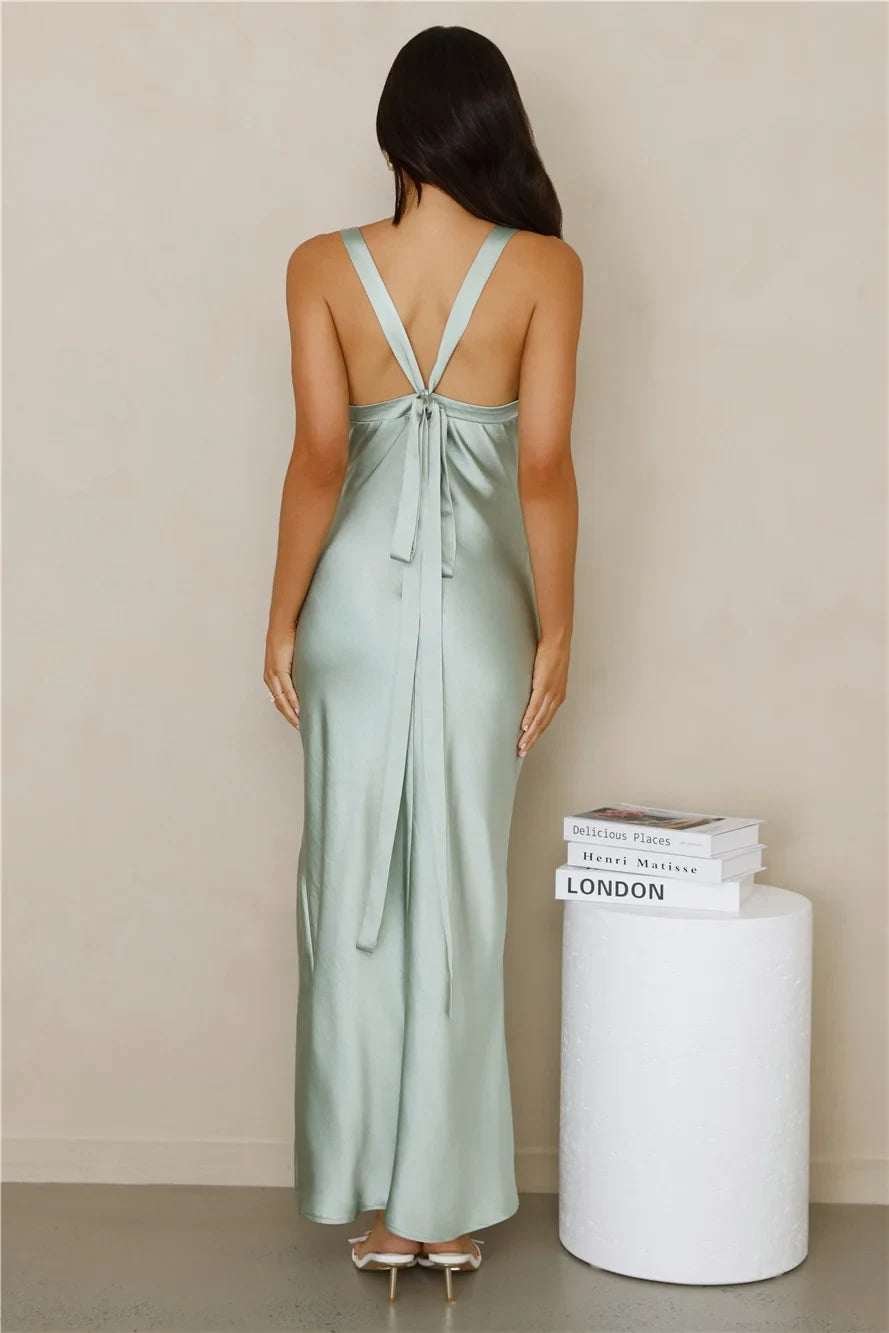 Chic A-Line Cowl Neck Sleeveless Draped Slit Mint Green Maxi Prom Dress