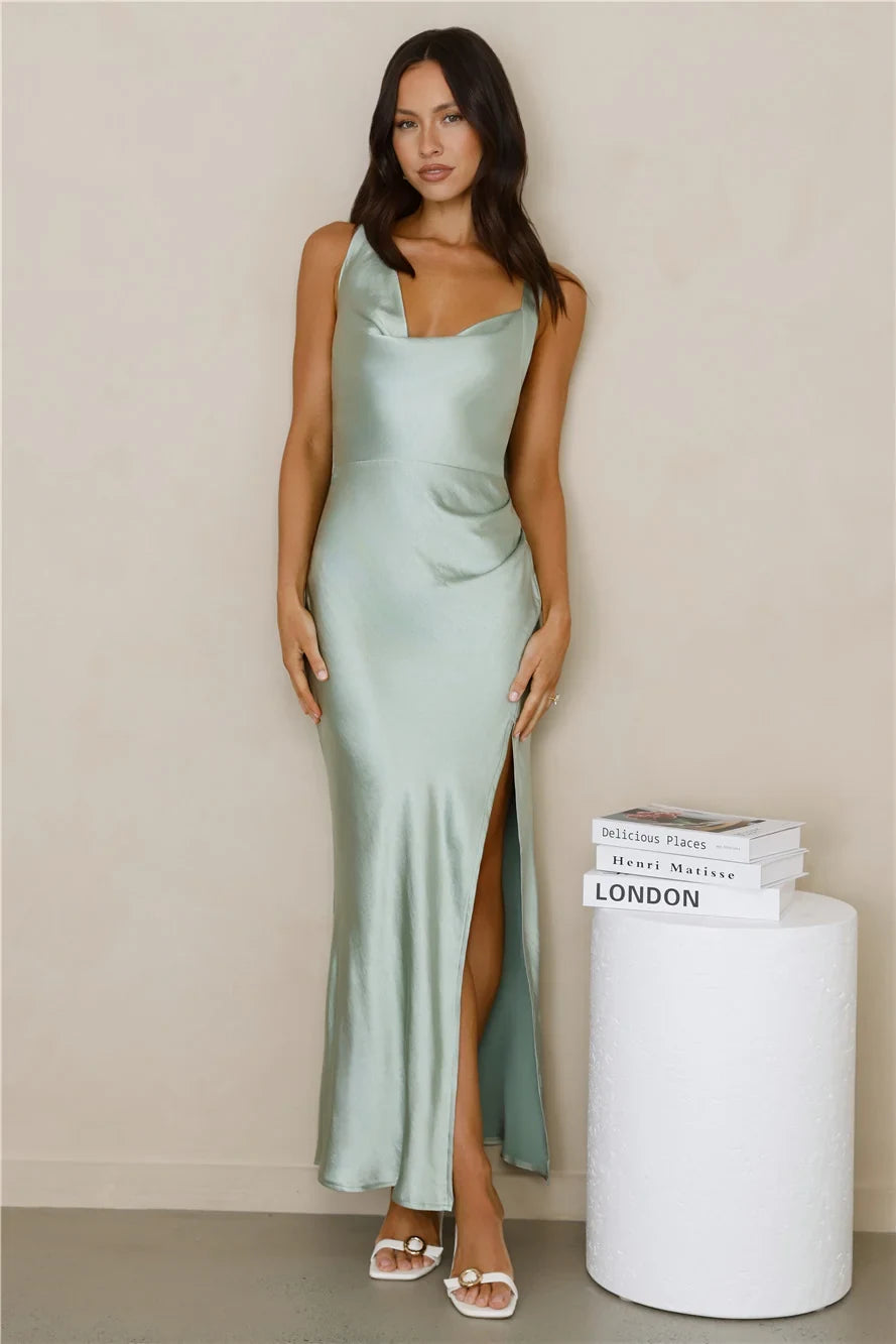 Chic A-Line Cowl Neck Sleeveless Draped Slit Mint Green Maxi Prom Dress