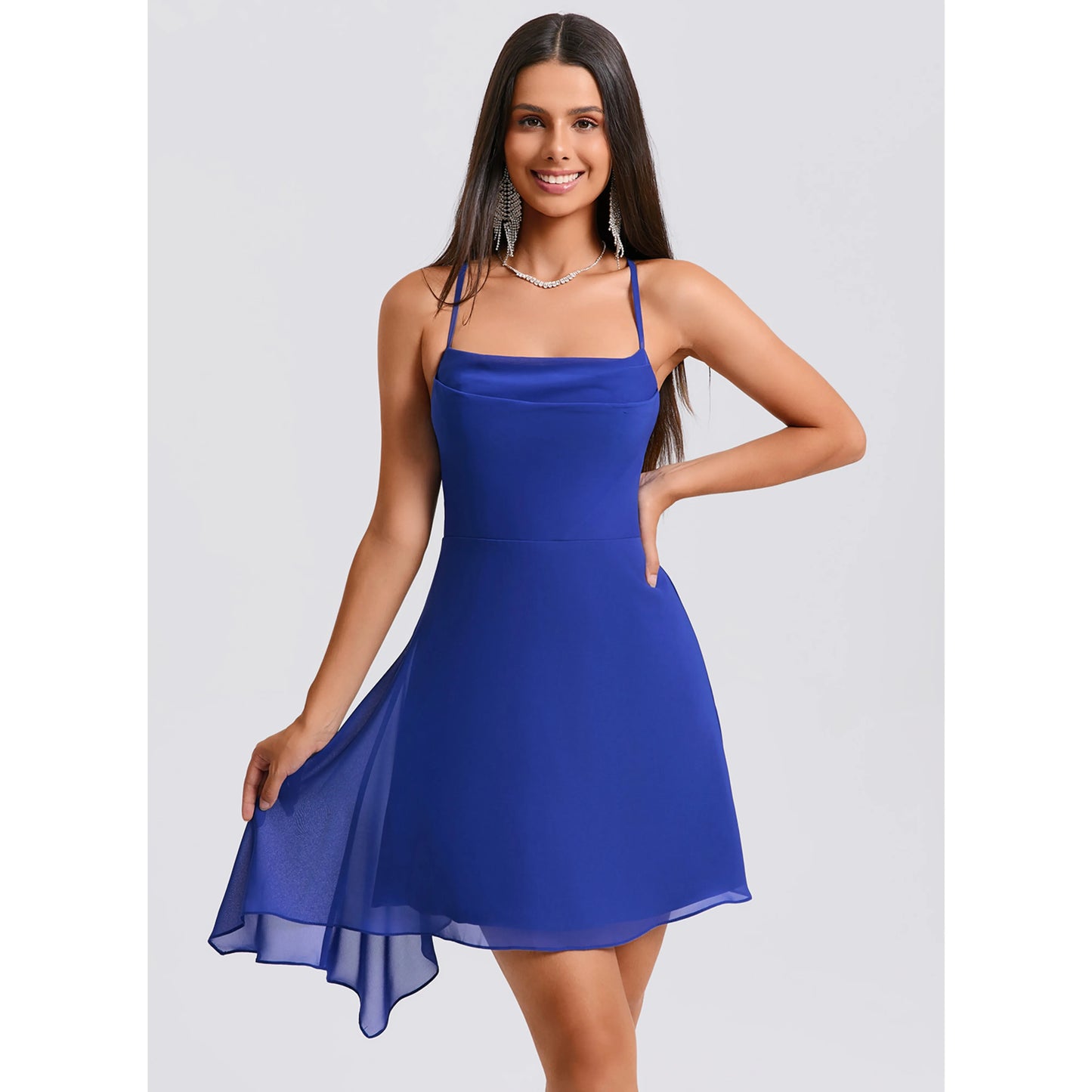 Chic A-Line Cowl Neck Sleeveless Flowy Royal Blue Short Homecoming Dress