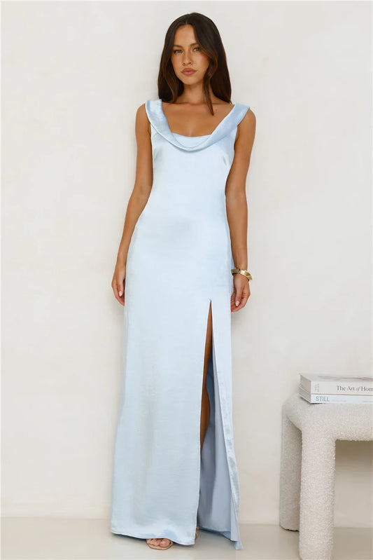 Chic A-Line Cowl Neck Sleeveless High Slit Light Blue Maxi Prom Dress Women's