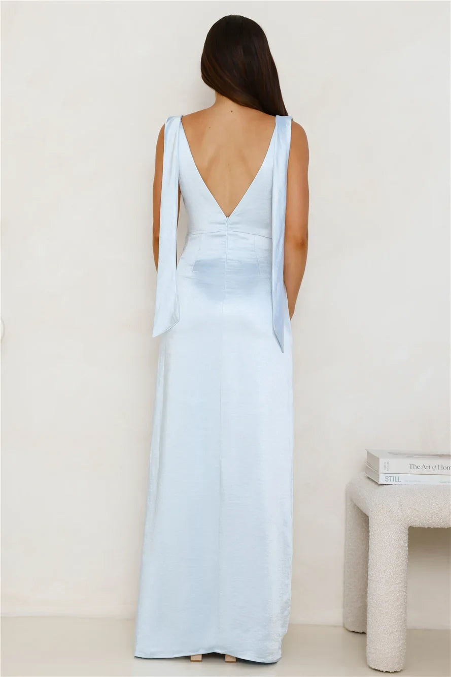 Chic A-Line Cowl Neck Sleeveless High Slit Light Blue Maxi Prom Dress Women's