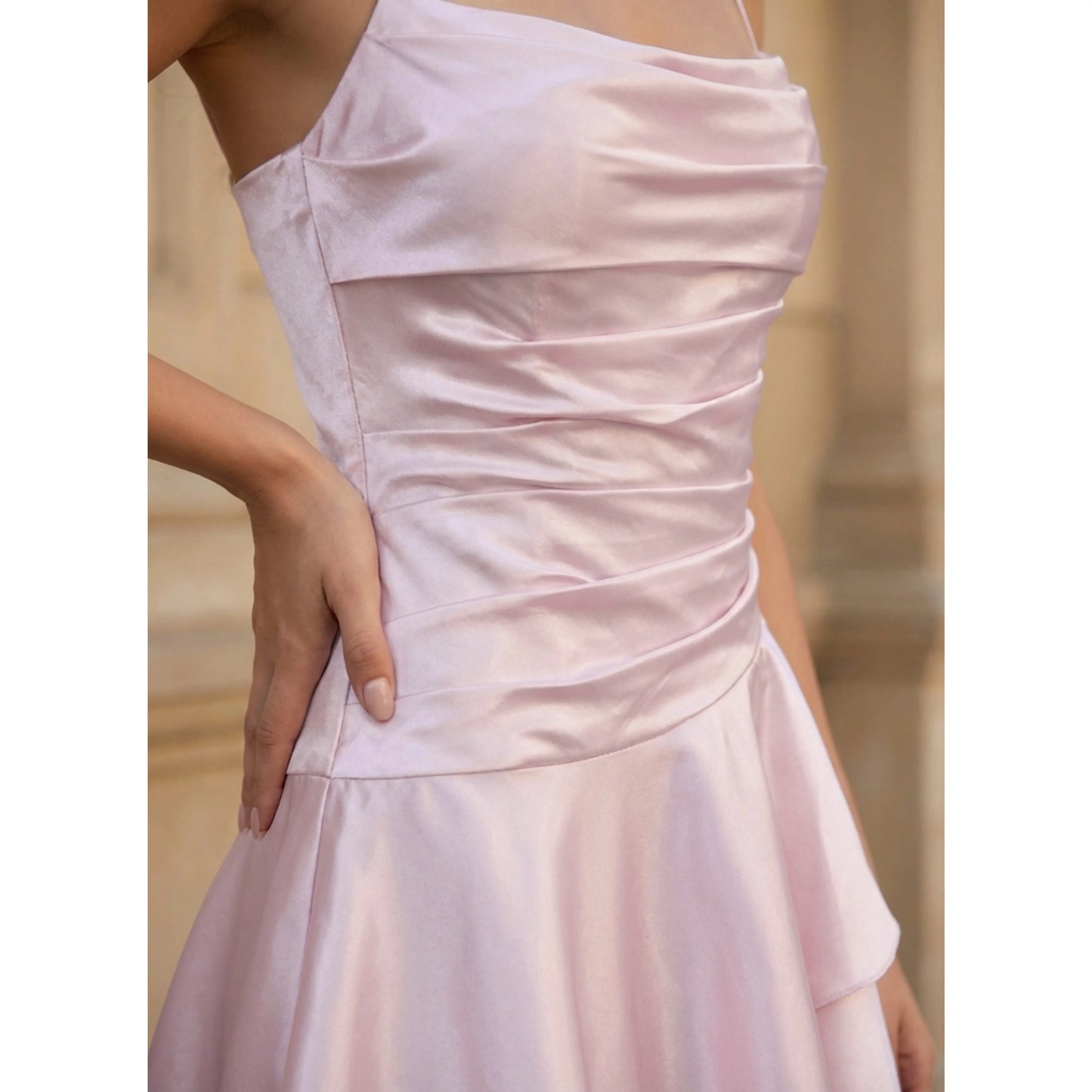 Chic A-Line Cowl Neck Sleeveless Ruched Tiered Blush Pink Short Homecoming Dress
