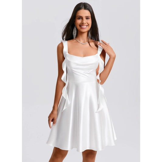 Chic A-Line Cowl Neck Tie-Strap White Short Homecoming Dress Women's