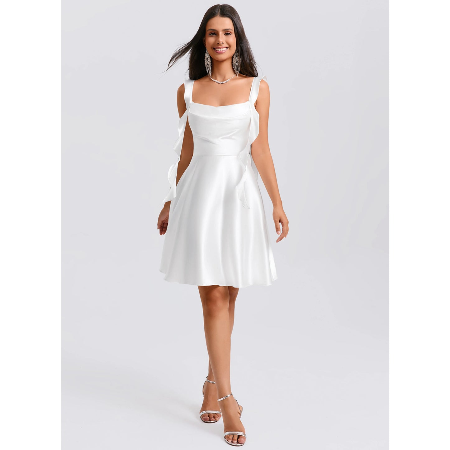 Chic A-Line Cowl Neck Tie-Strap White Short Homecoming Dress Women's