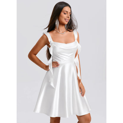 Chic A-Line Cowl Neck Tie-Strap White Short Homecoming Dress Women's