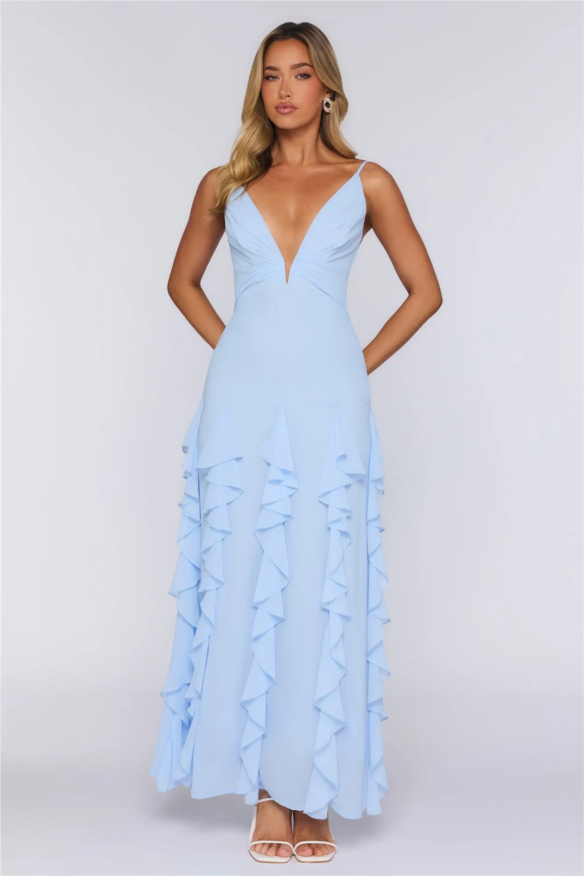 Chic A-Line Deep V-Neck Sleeveless Ruffled Backless Light Blue Floor-Length Prom Gown