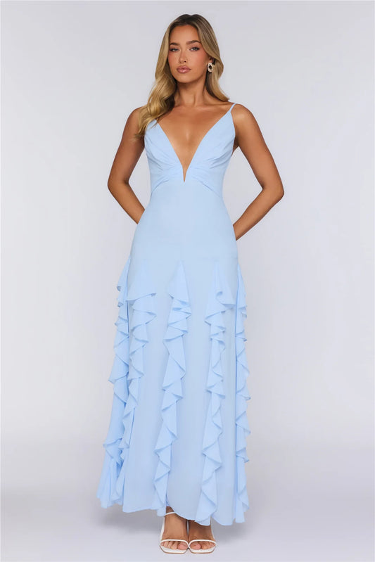 Chic A-Line Deep V-Neck Sleeveless Ruffled Backless Light Blue Floor-Length Prom Gown