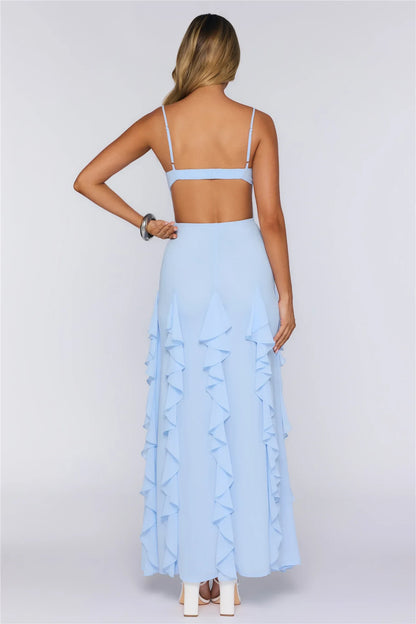 Chic A-Line Deep V-Neck Sleeveless Ruffled Backless Light Blue Floor-Length Prom Gown
