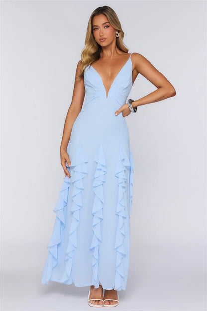 Chic A-Line Deep V-Neck Sleeveless Ruffled Backless Light Blue Floor-Length Prom Gown