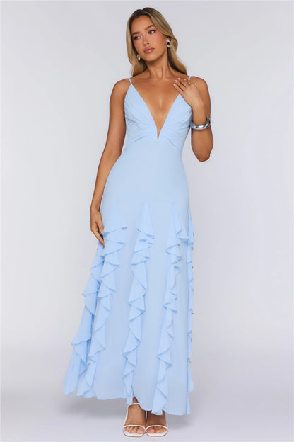 Chic A-Line Deep V-Neck Sleeveless Ruffled Backless Light Blue Floor-Length Prom Gown