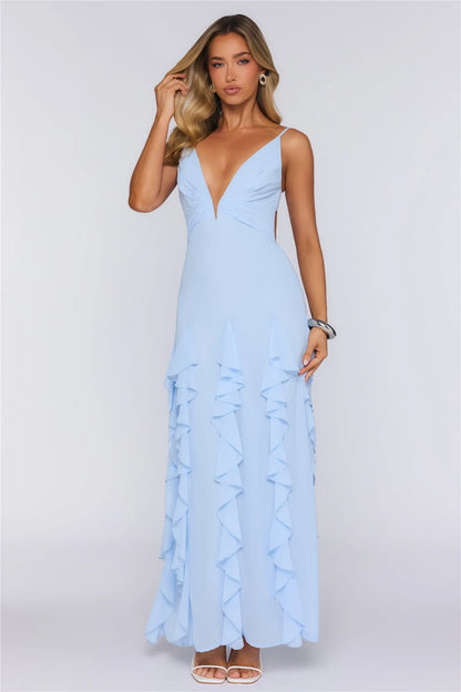 Chic A-Line Deep V-Neck Sleeveless Ruffled Backless Light Blue Floor-Length Prom Gown