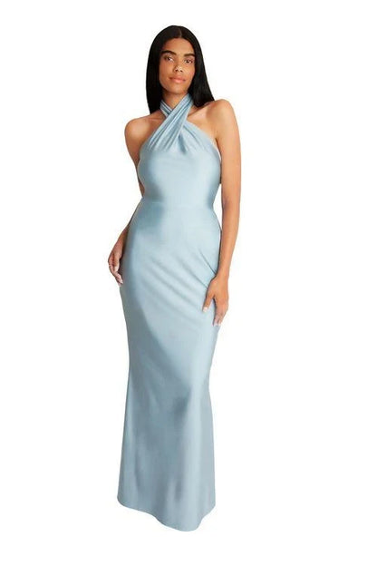 Chic A-Line Halter Neck Sleeveless Flowy Sophisticated Dusty Blue Floor-Length Bridesmaid Dress Women's Gown