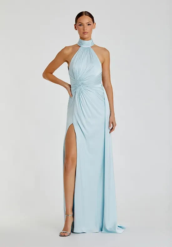Chic A-Line Halter Neck Sleeveless Ruched Slit Sky Blue Floor-Length Bridesmaid Dress