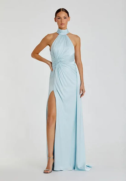 Chic A-Line Halter Neck Sleeveless Ruched Slit Sky Blue Floor-Length Bridesmaid Dress