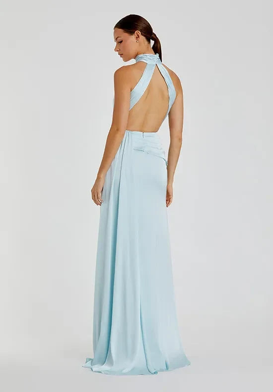 Chic A-Line Halter Neck Sleeveless Ruched Slit Sky Blue Floor-Length Bridesmaid Dress