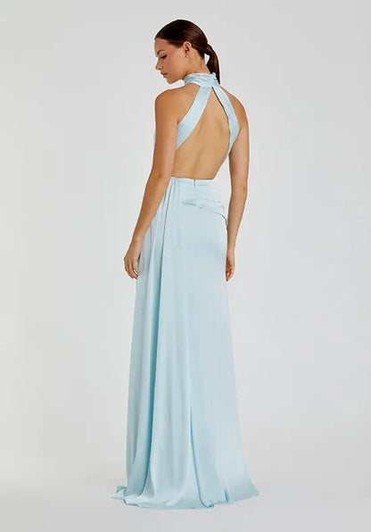 Chic A-Line Halter Neck Sleeveless Ruched Slit Sky Blue Floor-Length Bridesmaid Dress