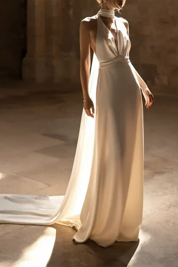Chic A-Line Halter Sleeveless Backless Draped Ivory Floor-Length Wedding Gown